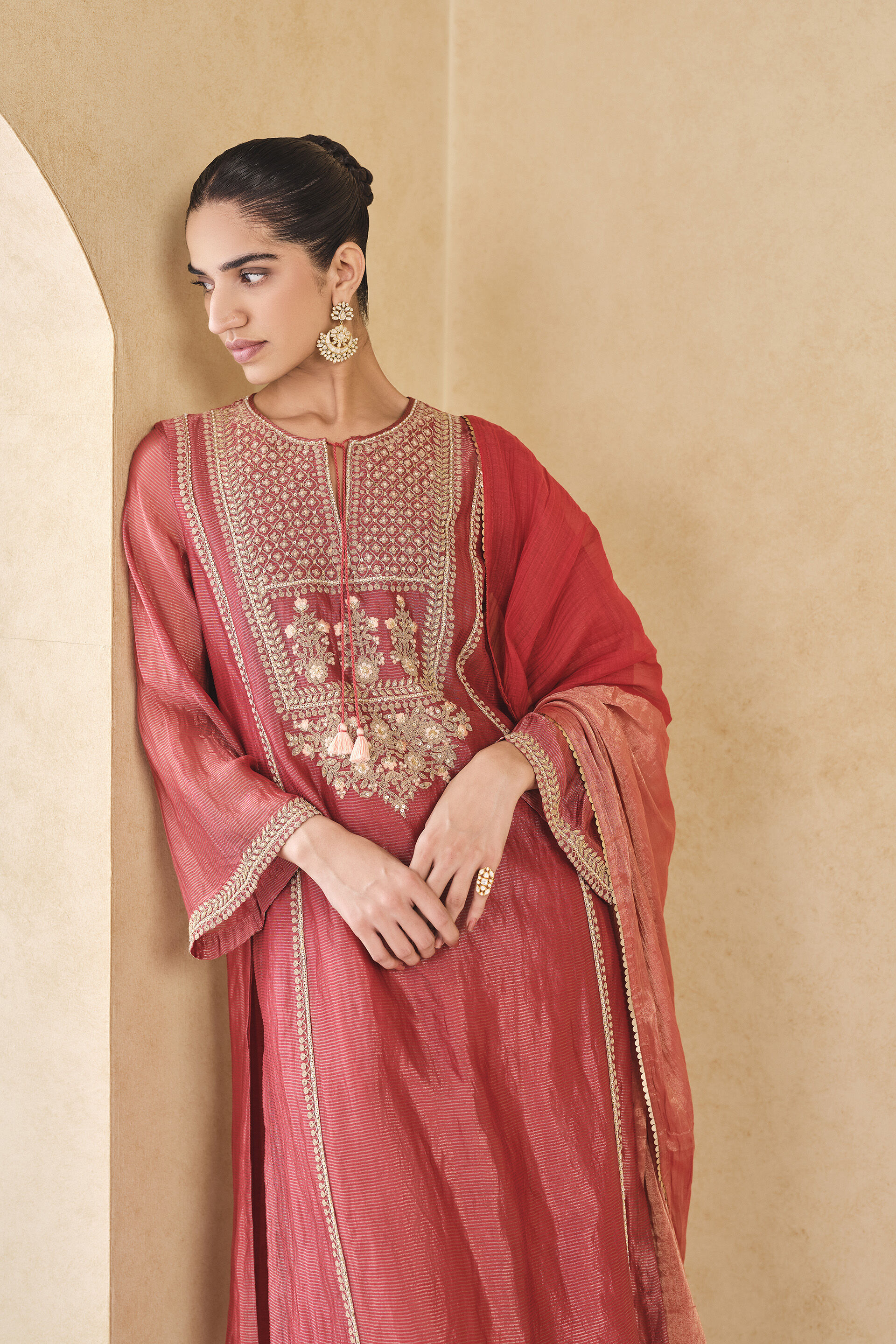 Avimukta Embroidered Zardozi Mul Suit Set - Red, Red, image 4